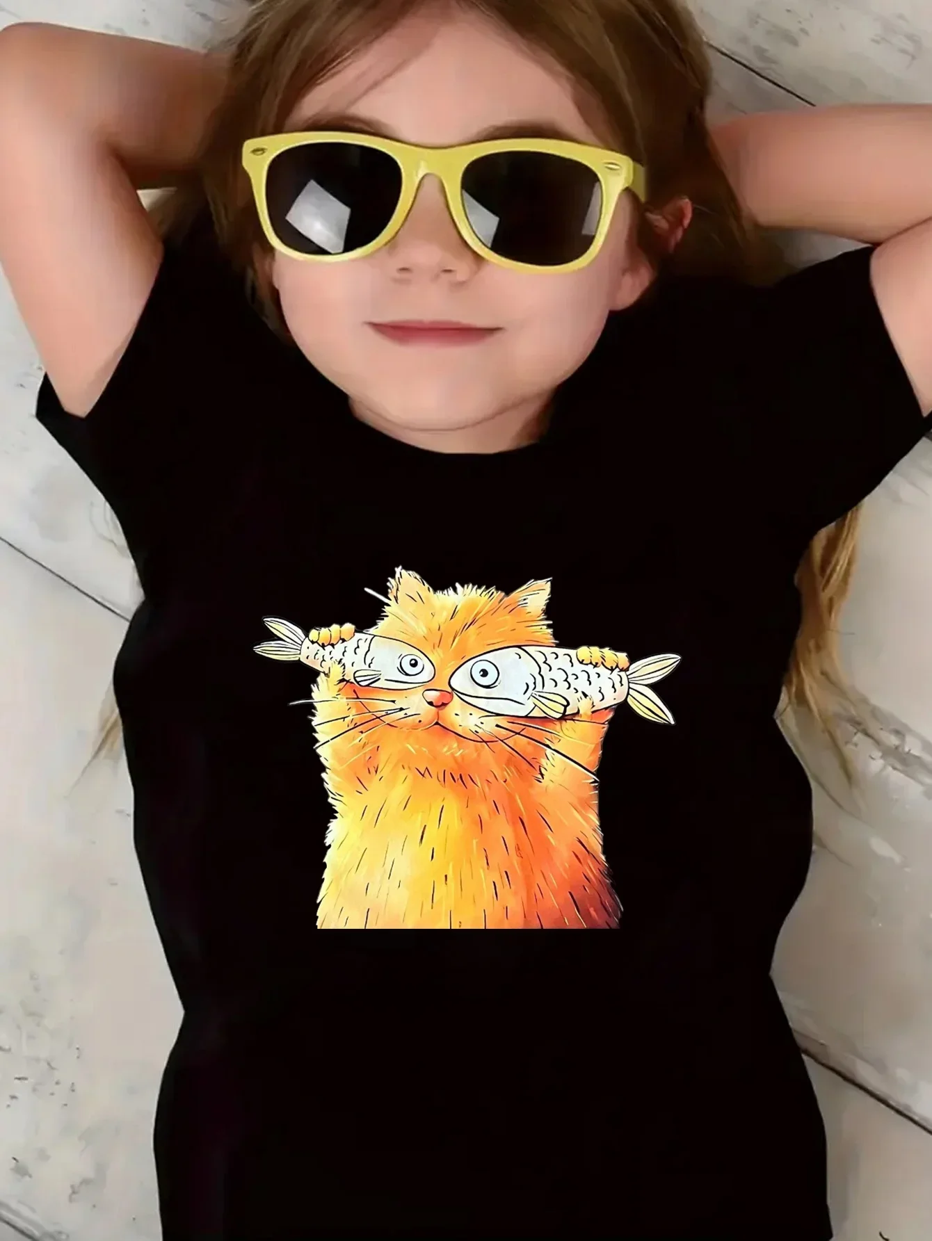 Boys Girls Cartoon Cat Fish Graphic T Shirt Short Sleeve Humorous Pet Pattern Children Daily Casual Tops