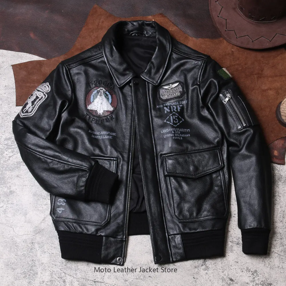 Men's Short Lapel Genuine Leather Jacket, Embroidered Biker Baseball Coat, A2 Flight Top Grain Pure Cowhide Outerwear