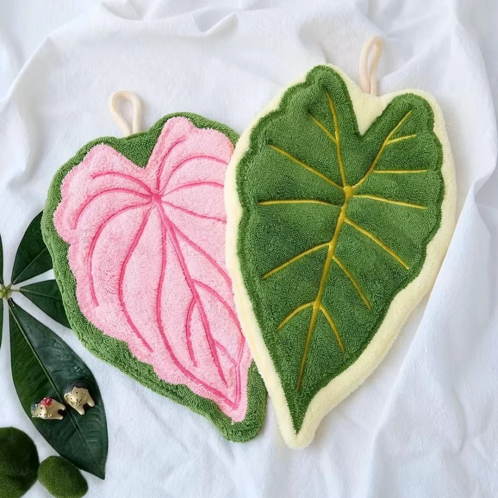 Creative Leaf Shaped Coral Fleece Towel Household Hanging Dish Rag Super Absorbent Soft Kitchen Bathroom Hand Wipe