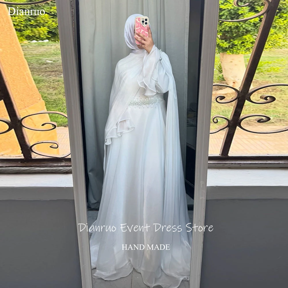 디안루오 정교한 진주 벨 슬리브 웨딩 드레스 로맨틱 하이넥 베스티도스 데 노비아 무슬림 아랍 신부 드레스 맞춤 제작