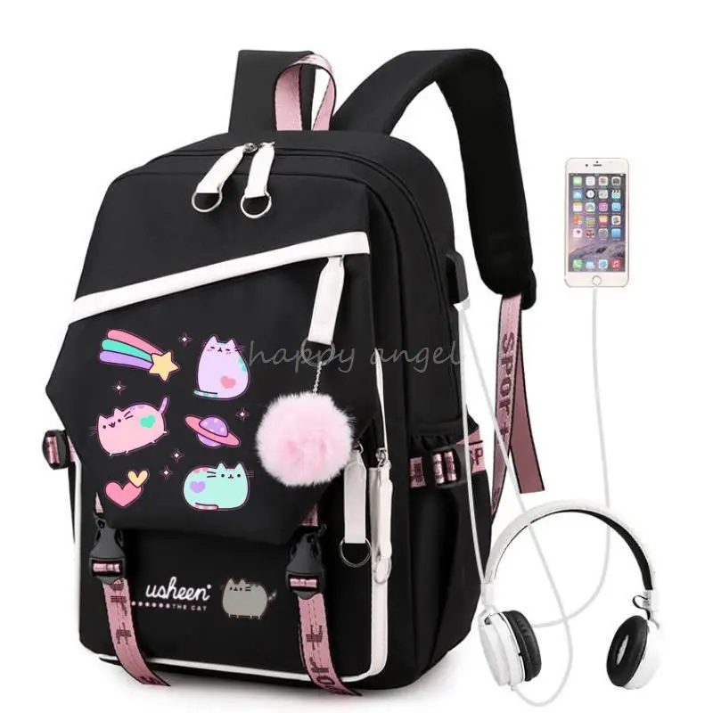 Fashion USB Backpack Women Fat Cat Girls Kids School Book Bags Women USB Bagpack Teenagers Canvas Laptop Travel Student Backpack