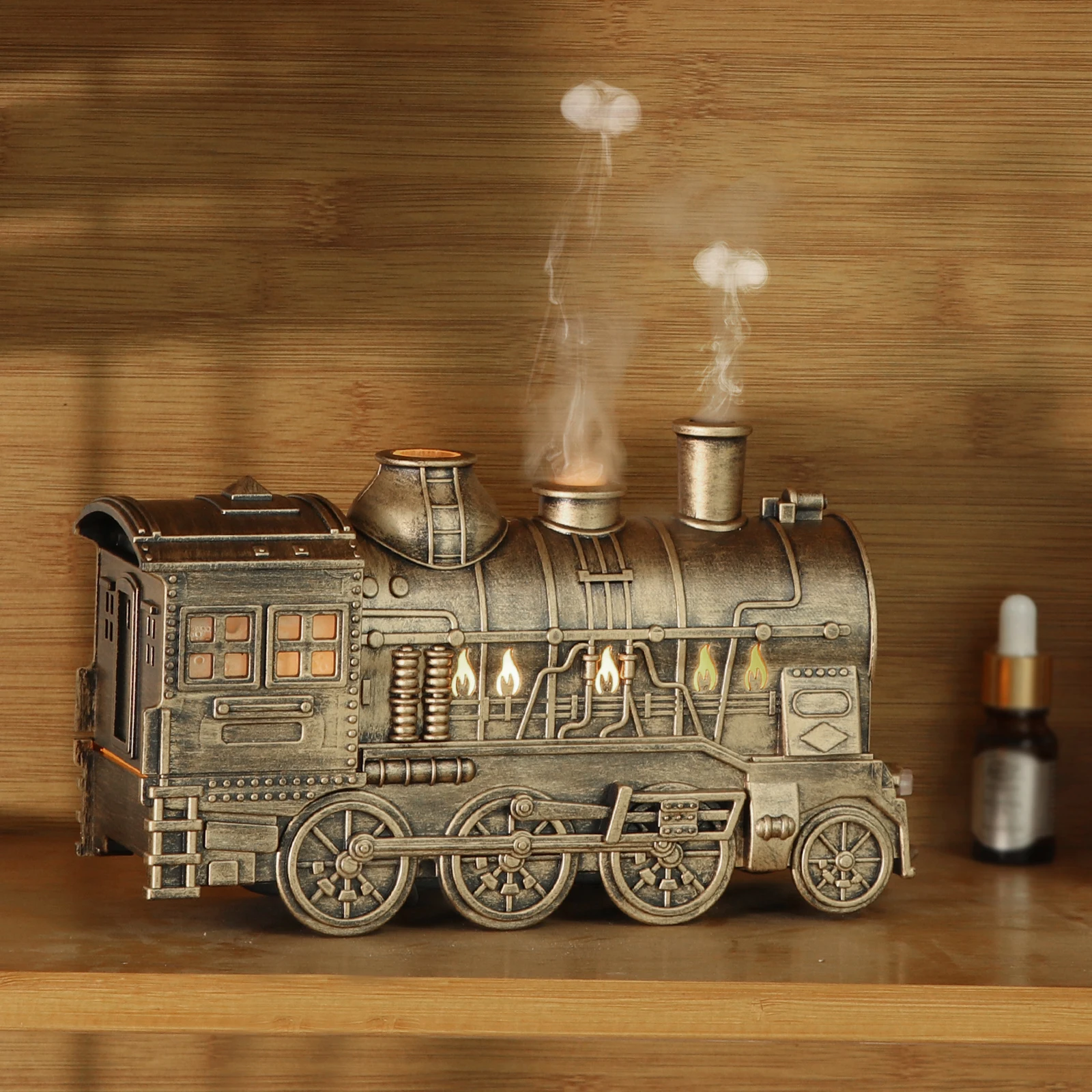 300ML Vintage Steam Train Essential Oil Diffuser with 2-Color LED Light Cool Mist Humidifier with Remote Control Aroma Diffuser