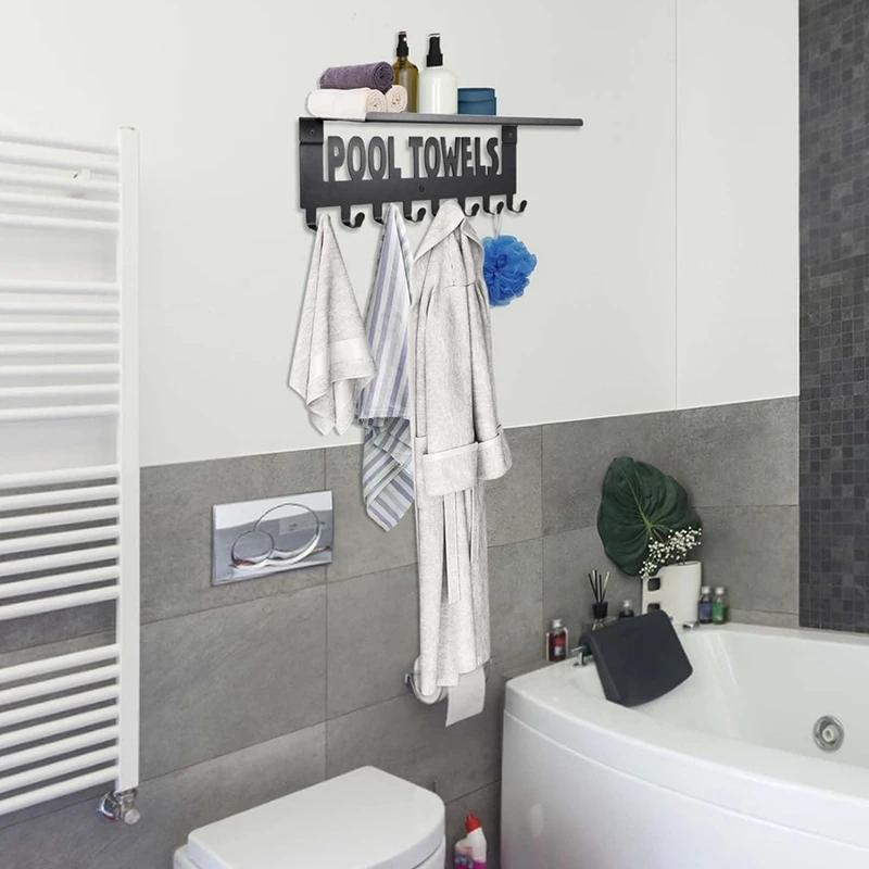 Pool Towel Racks with Shelf Outdoor Pool Decor Wall Mount Towel Hooks Towel Holder with 8 Hooks Towel Storage Hanger-A55K