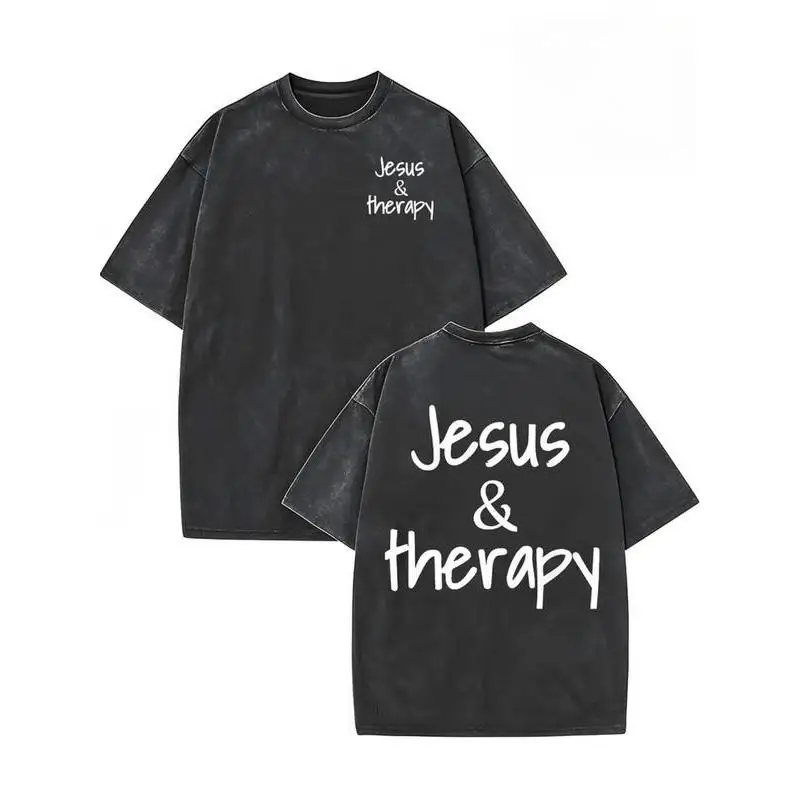 

Jesus & Therapy T-Shirt Faith Quote Graphic Tee Vintage Washed Oversized Unisex Top for Prayer, Worship or Christian Gift S-3XL