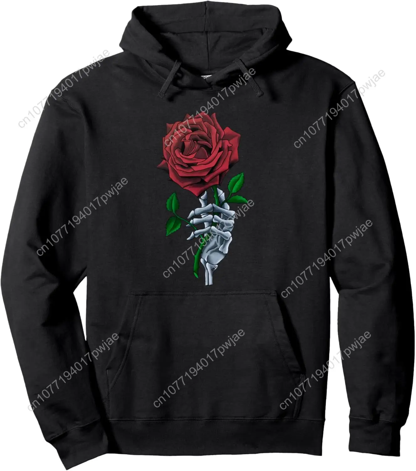 

Skeleton Hand Holding Stem Flower Graphic Design Red Rose Pullover Hoodie