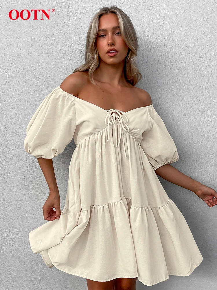 

OOTN Summer Linen Khaki Dress For Women Casual V-Neck Ruffled Lace-Up Mini Dresses Fashion Short Sleeve a-Line Sexy Dress Female