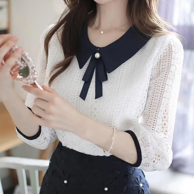 2024 New Cool Women's Spring Autumn Style Lace Blouses Shirt Women Peter Pan Collar Solid Color Half Sleeve Elegant Lace Tops