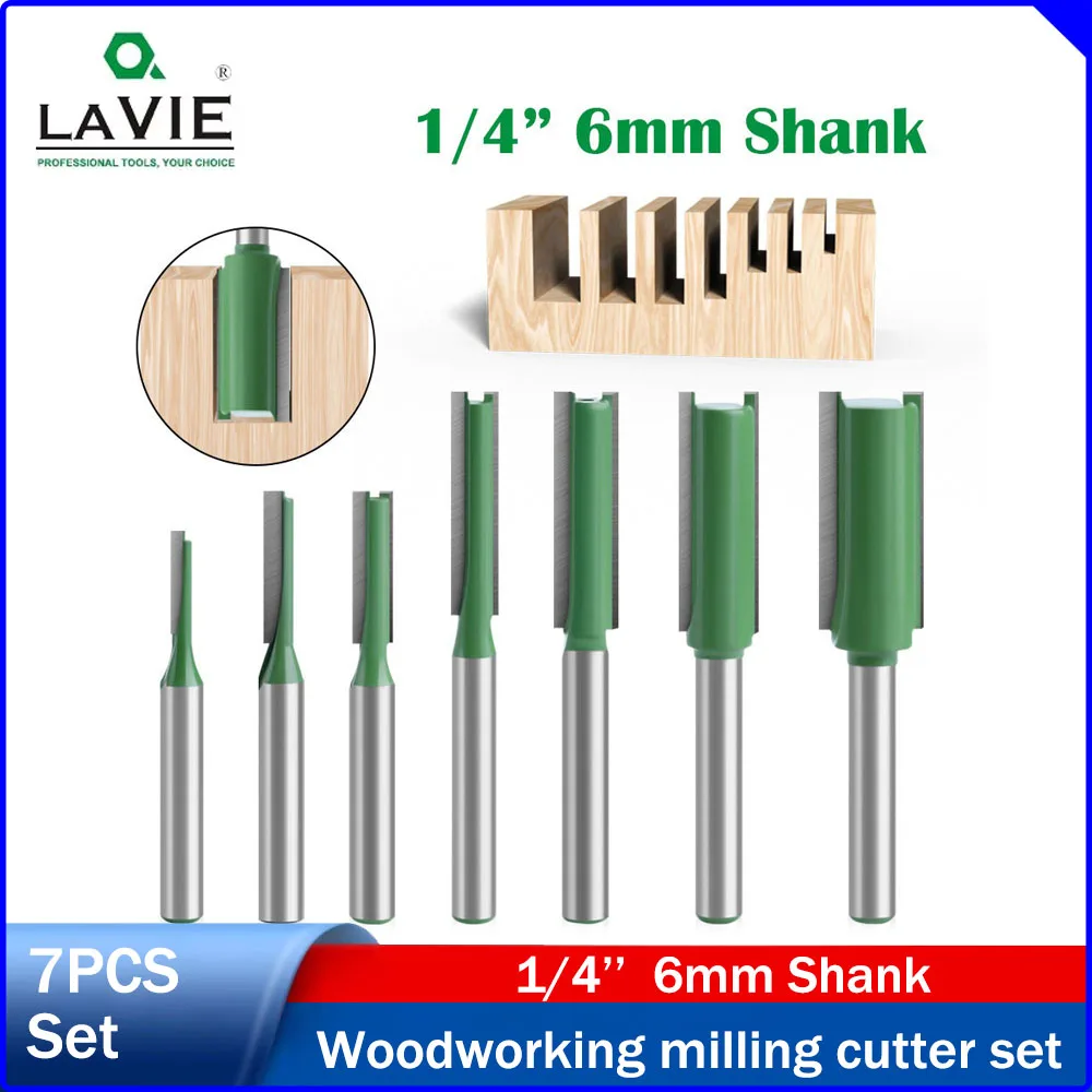 

1/4"Shank Green Straight Router Bit Set 7-Piece,Single & Double Flute Straight Bits,Trimmer Bits,Grooving Cutters,CNC Engraving