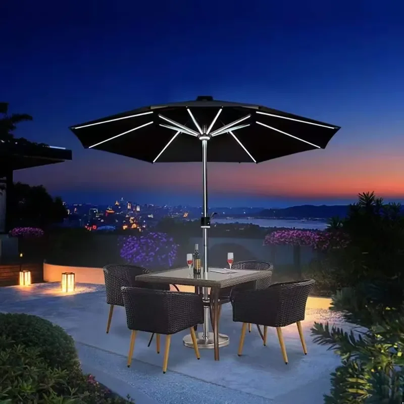 Foldable Solar LED-Lighted Outdoor Parasol for Beach Patio Garden Park and Hotel-Versatile Garden Furniture