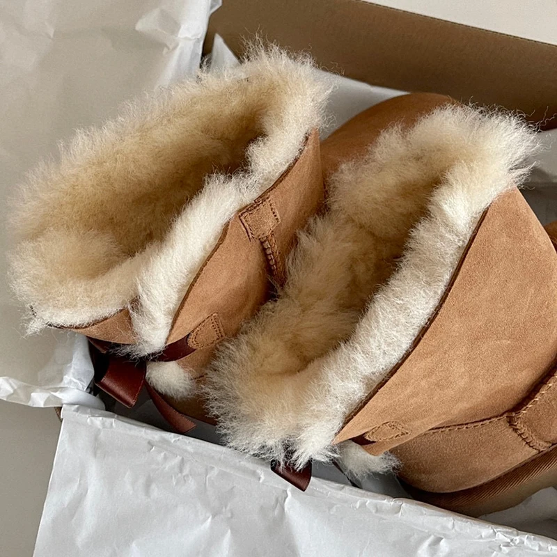 Aobreugg 2023 new snow boots women\'s winter plus fleece thickened natural fur wool fur integrated women\'s cotton shoes ribbon bo