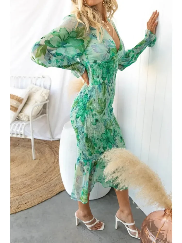 BWQ ボヘミアン花柄ボディコンドレスヴィンテージ V ネックプリーツランタン長袖弾性ウエストミディフリルヒップラップドレス