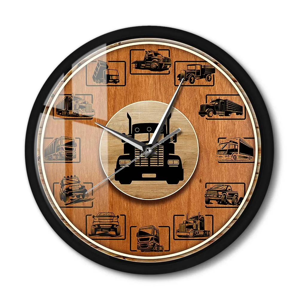 Construction Vehicle Sets Metal Frame Wall Clock Silent Truck Transportation Wall Watch For Boy Room Living Room Trucker Gift