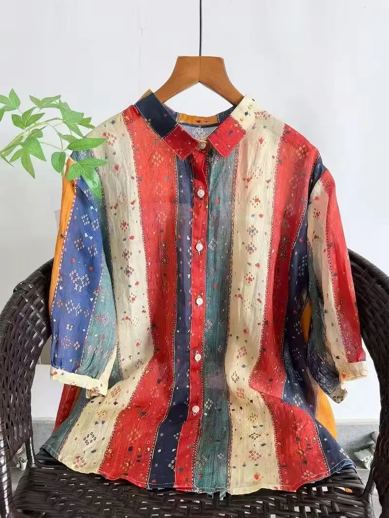 Bohemian 100% Ramie Shirts and Blouses for Women Summer Patchwork Vintage Half Sleeve Shirt Boho Clothing