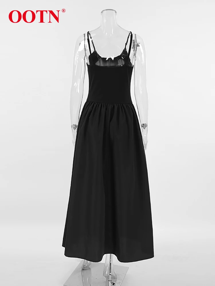 OOTN Black Evening Women A-Line Dresses Pocket Spaghetti Straps Ankle-Length Inner Dress Sleeveless Pleated Long Long Dress 2024