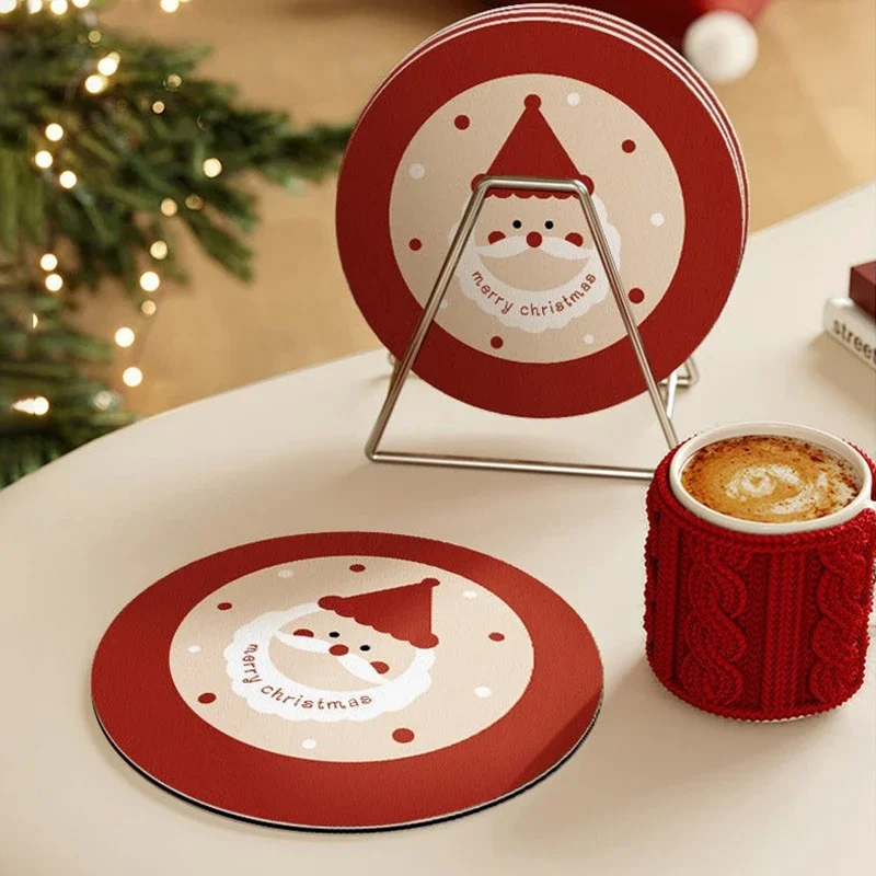 4PCS Christmas Round Drink Coaster Water Absorbent Table Man Reindeer Xmas Cup Pad Non-slip Heat Insulation Placemat Christmas