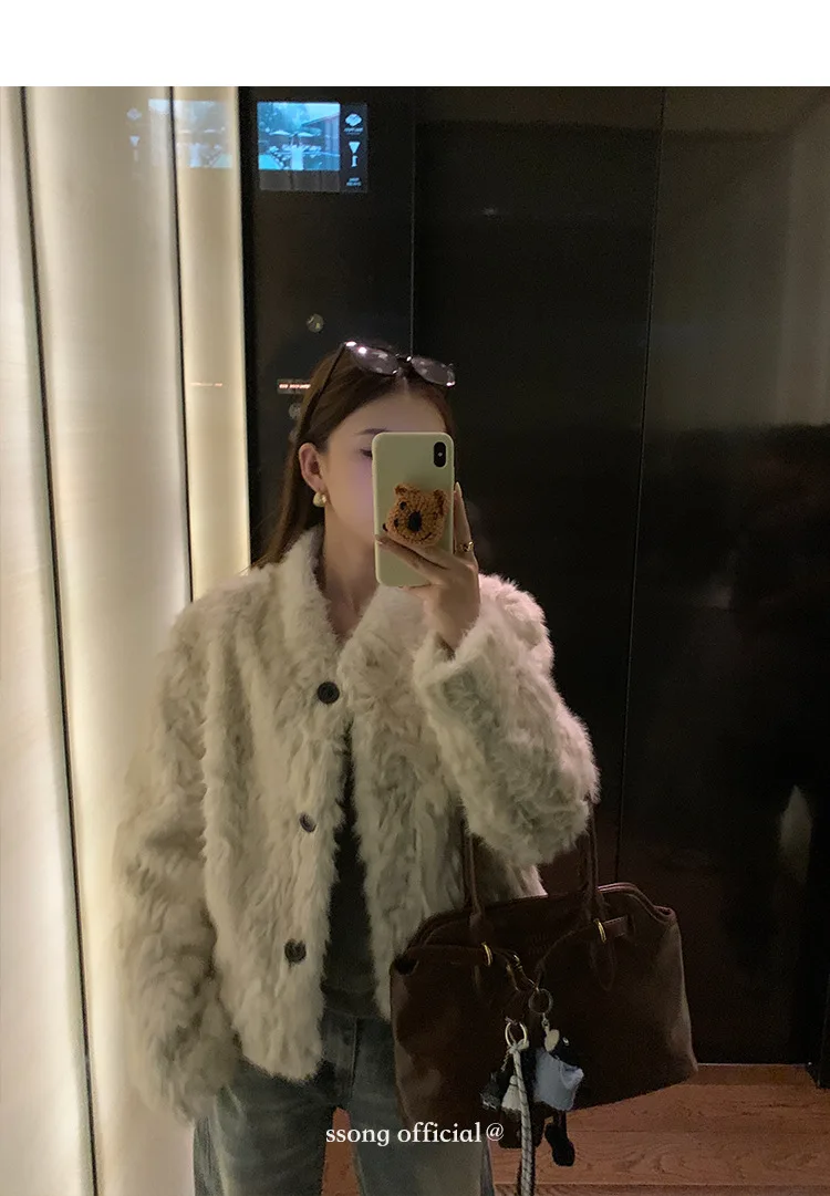 Women Faux Shearling Fur Coats Solid Fur Jackets Cotton Linen V Neck Long Sleeves Single Breasted Loose Fit Casual 2026 Winter