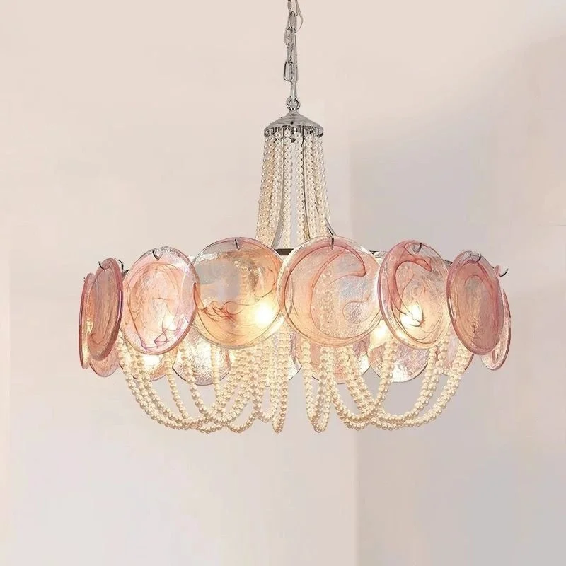 Modern Pendant Light for Living Room/Bedroom/Dinning Decor Lighting Fixtures Pink Glass Disc Chandelier Lamp with Pearl Beads