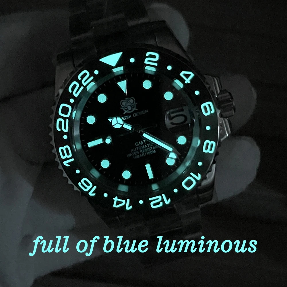 NH34 GMT Automatic Mechanical Transparent Case Back Watch Blue Luminous Relogio Masculino Sapphire Crystal 316L Steel Men Watch