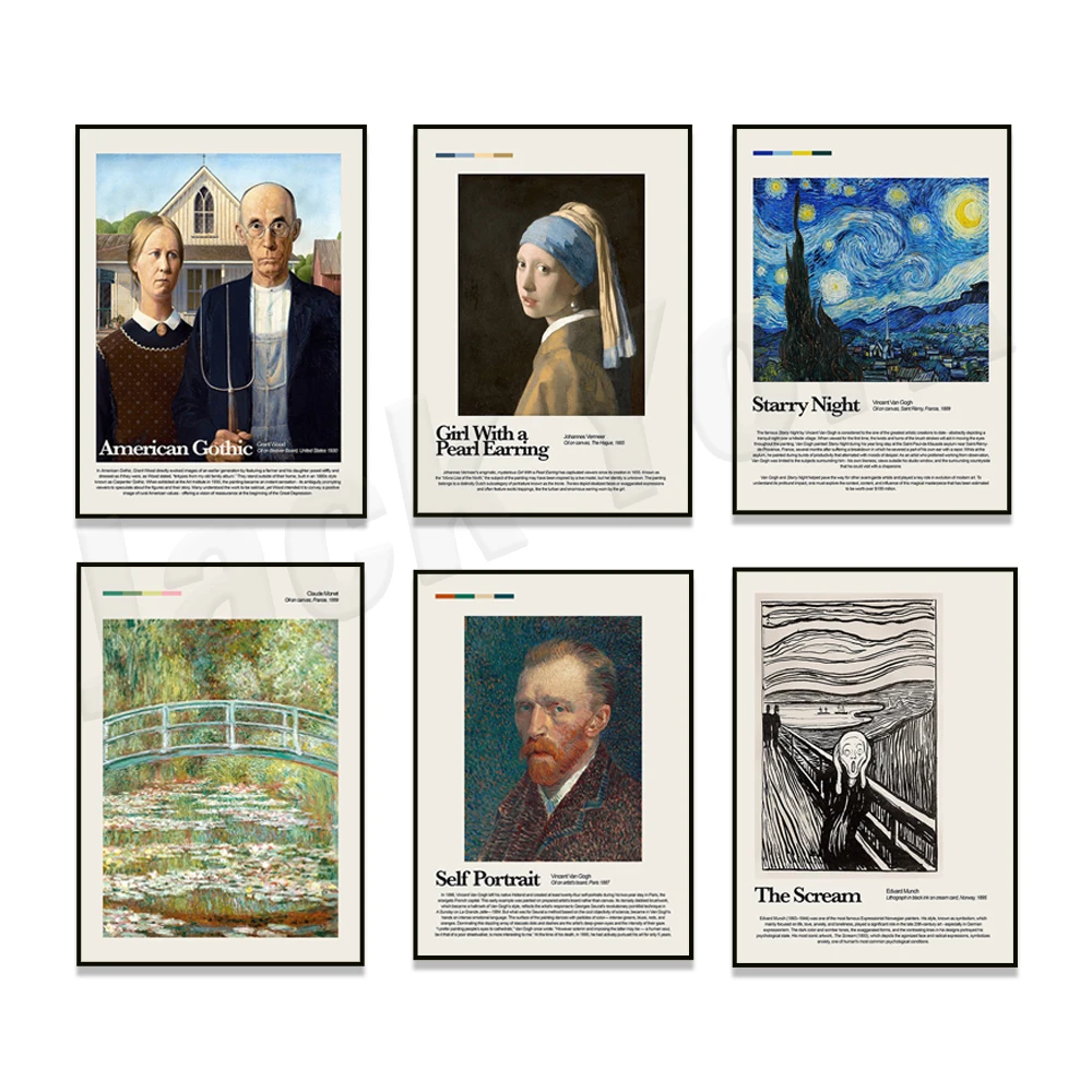 Van Gogh Self-Portrait, Starry Night, Water Lilies, The Scream, Nighthawks Poster, La Grande Jatte Sunday Exhibition Poster