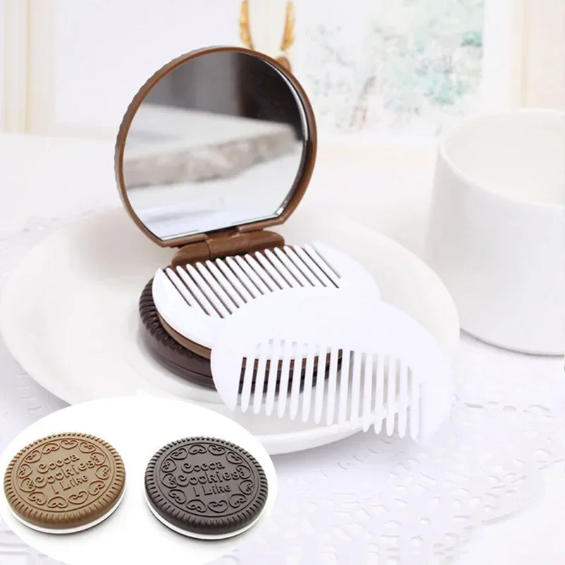 Cute Chocolate Cookie Shaped Design Mirror Makeup Chocolate Folding Comb Makeup Gift Portable Mini Pocket Mirror With Comb Brown