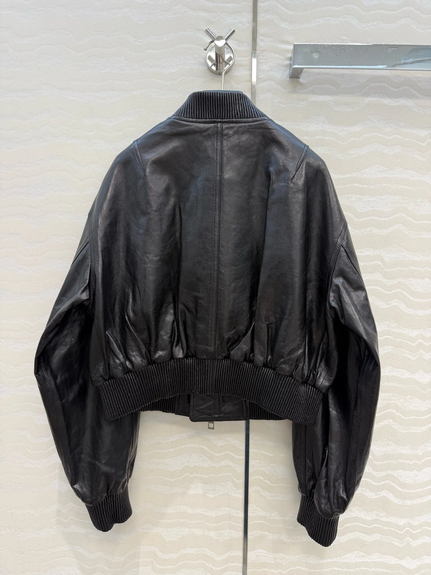 Ribbed Collar Zip Front Faux Leather Cropped Bomber Jacket Casual Outerwear for Women