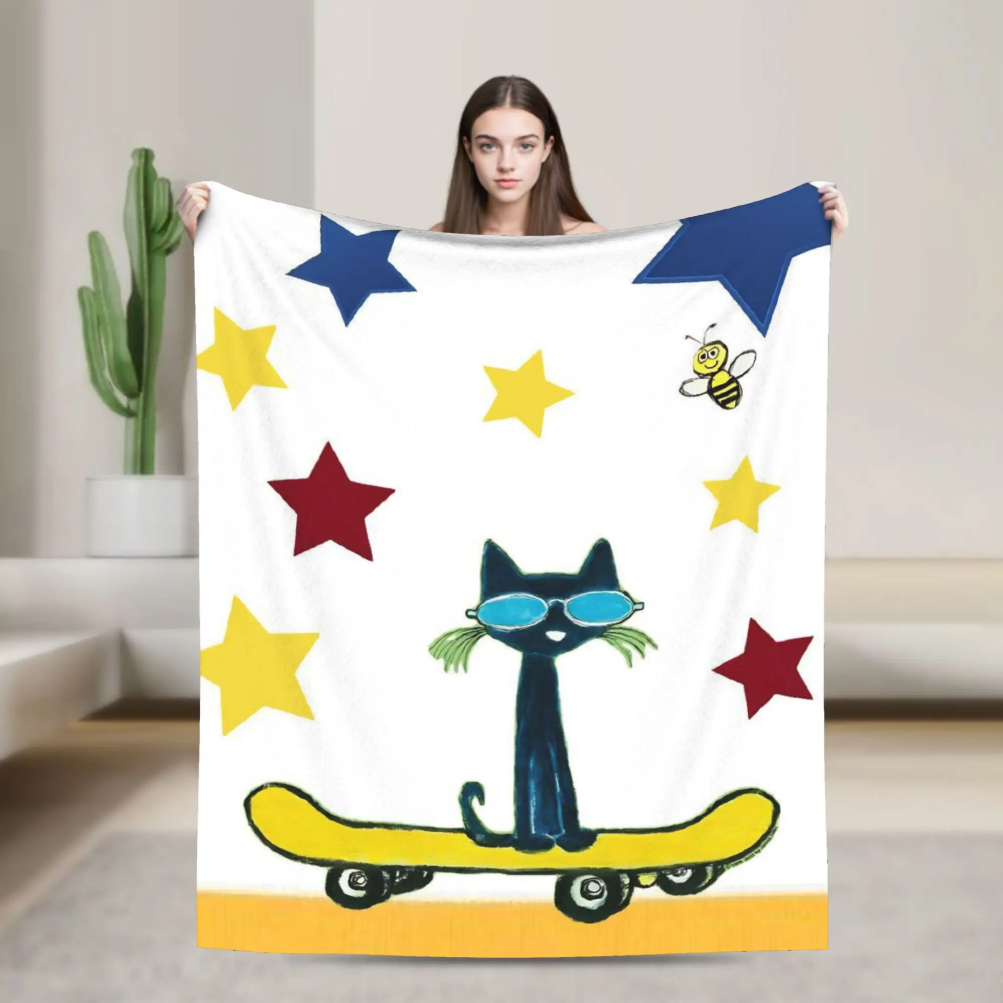 Pete The Cat Star Skateboard Blanket Cover Flannel  Lightweight Thin Throw Blankets for Outdoor Travel Bedroom Quilt