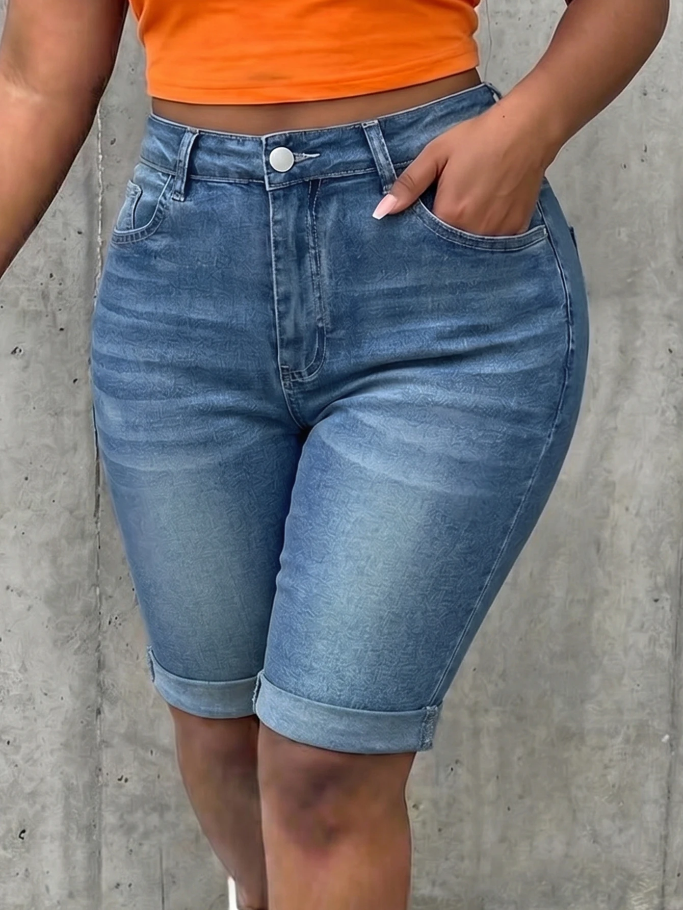 Women High Waist Medium Stretch Denim Bermuda Shorts, Moustache Light Blue Rolled Hem Jean Shorts