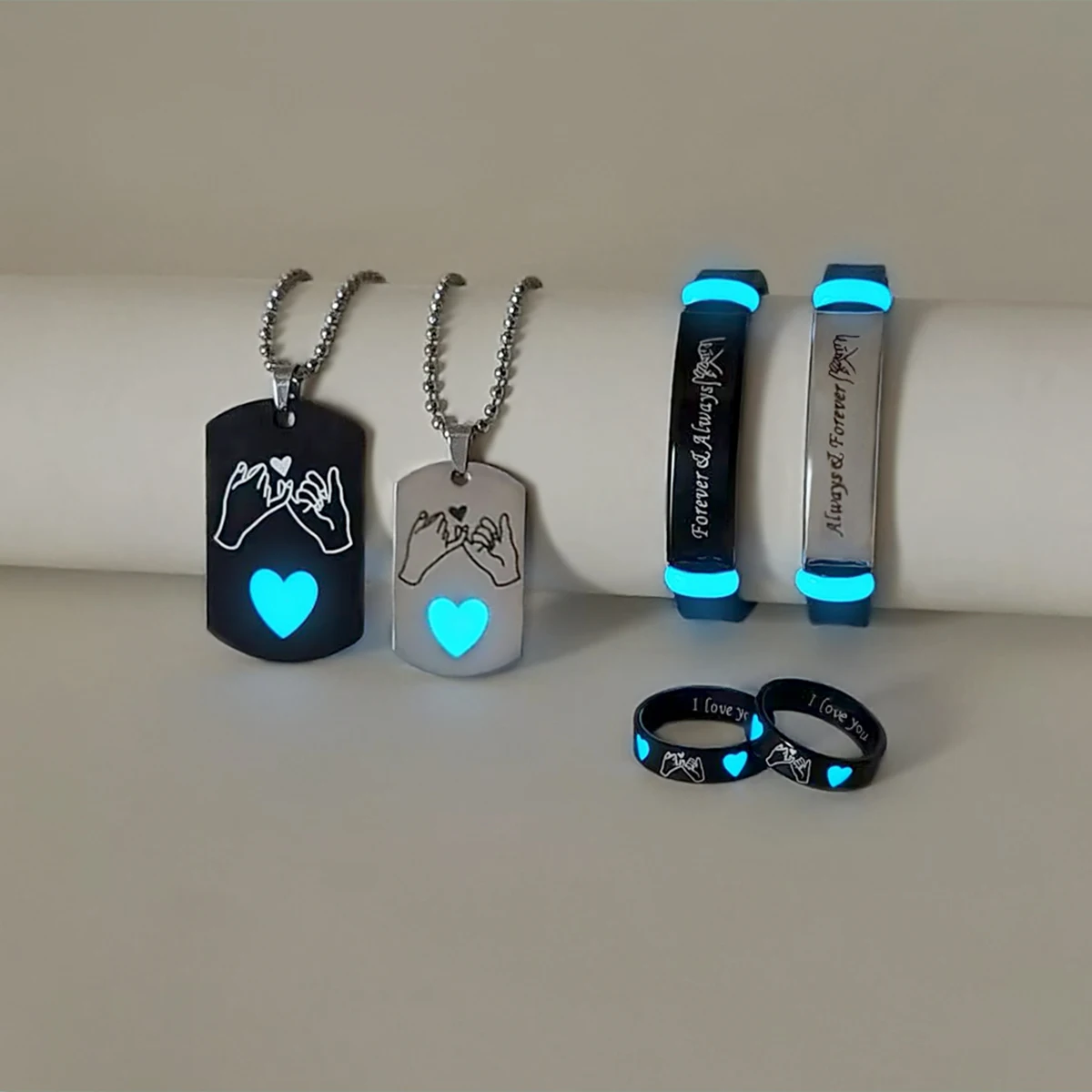 6 Pieces Luminous Love Heart Stainless Steel Couple Jewelry Set - Necklace Bracelet Ring Fashionable Ladies Love Promise Gift