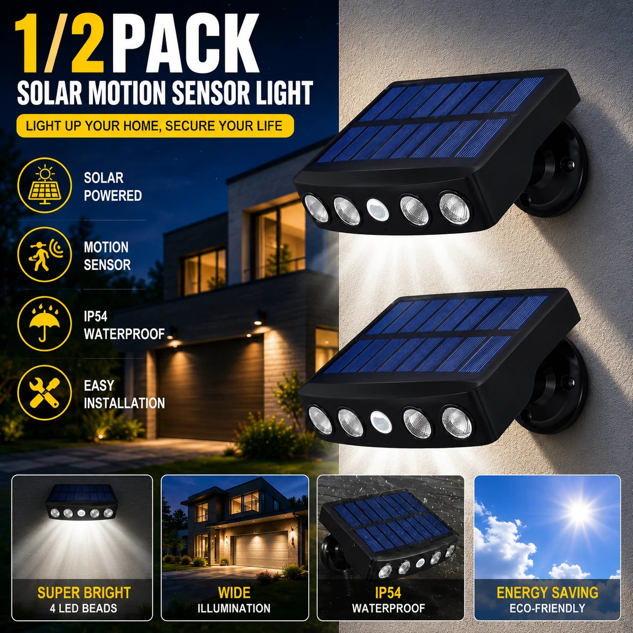 Solar Motion Sensor Outdoor Lights, 1/2/4 Pack Solar Powered Security Lights with 4 LED Beads, IP54 Waterproof, Motion Activated Wall Lights, Easy Installation for Porch, Garage, Patio and Yard