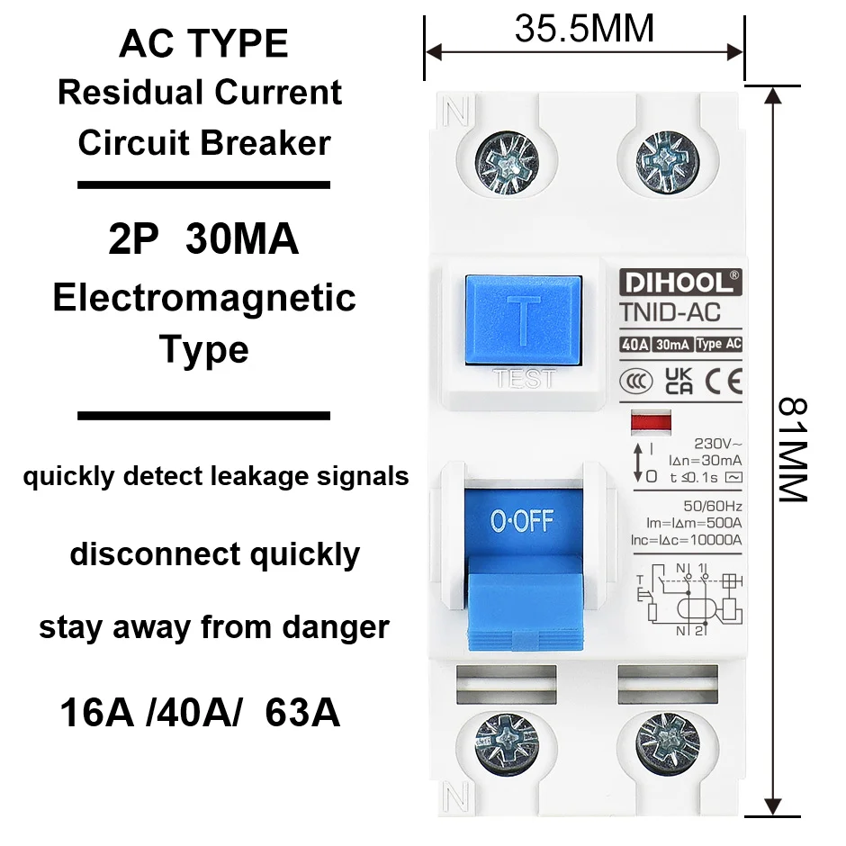 Dihool TNID RCCB Type AC Electromagnetic Circuit Breaker 2P Charging Pile Protector Leakage Protection 63A 40A 16A