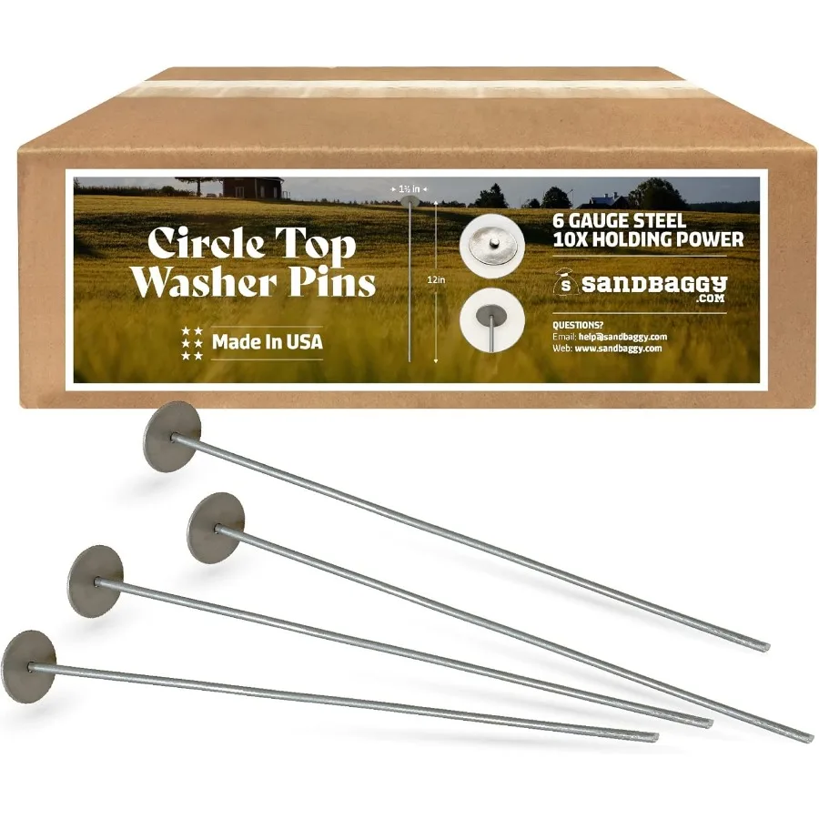 

Sandbaggy 12 Inch Circle Top Pins Made in USA Industrial Grade 6 Gauge Steel Landscape Staples for Hard Rocky Soil Holds 10X Be