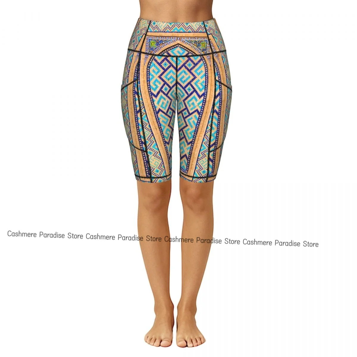 Mosaic Pattern Sport Yoga Shorts Pants Women Fitness High Waist Hip Lift Running Yoga Side Pockets Tights Sportswear