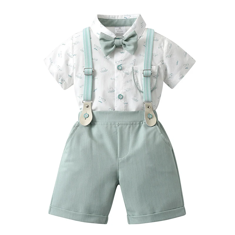 

Children Gentleman Suit Summer Baby Boy Set Short Sleeve Shirt Bowtie +Suspenders Shorts 3pcs Kids Birthday Party Clothes