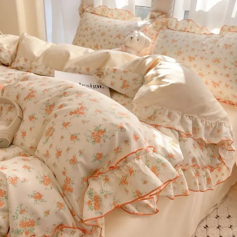 

For French Country Bedding Set - Ruffled Duvet Cover + Pillowcases (Queen Size, Soft Girls' Quilt-Style Decor)
