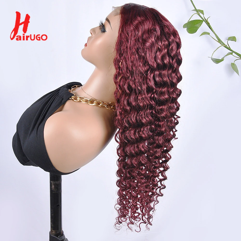 HAIRGO-ブラジルのナチュラルヘアウィッグ,フロントレース,ディープウェーブヘア,バーガンディ,ベビーヘア付き,レミーヘア,透明,女性用,99j