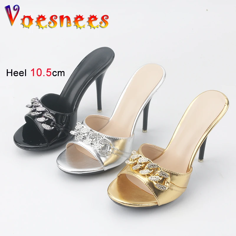 Women Summer High Heels Slippers Fashion Chain Style Party Ladies Shoes 10.5CM Thin High Heels Slip On Slides Designer Sandals