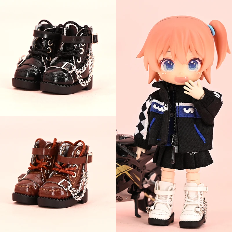 OB11 Dolls Shoes Cool Motorcycle Boots Chain Leather Boots for Molly, P9 Body, 1/12BJD, Ymy, Gsc,Obitsu11 Doll Accessories Toys