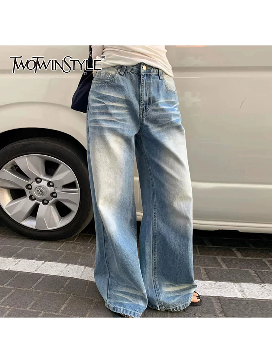 

TWOTWINSTYLE Gradient Loose Versatile Casual Jeans for Women High Wasit Patchwork Pockets Fashion Wide Leg Jean Female Clothing