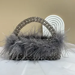 Autumn Winter New Ladies Evening Bags Fashion Ostrich Fur Feather Handmade Beaded Clutches Handbag For Women Dinner Party Clutch