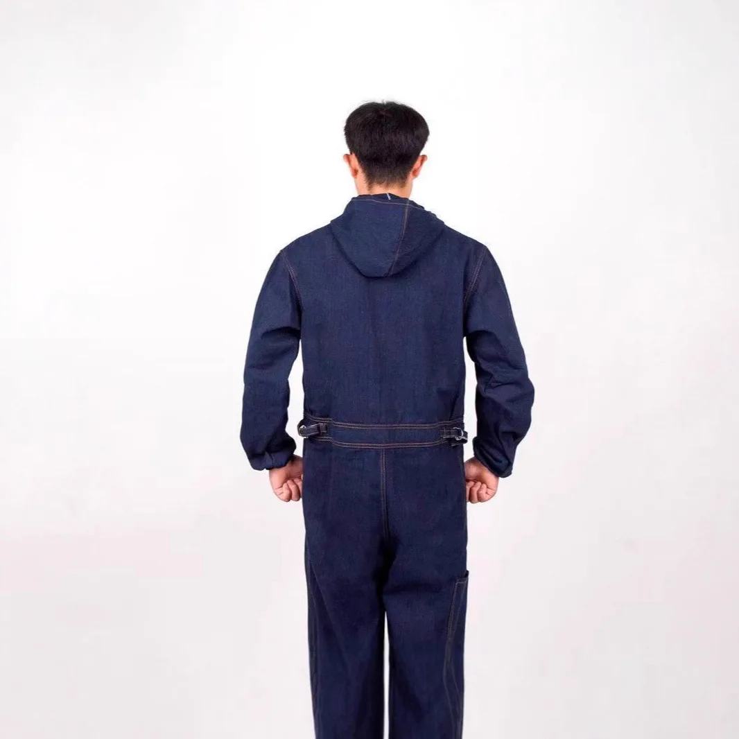 Denim Onesie Hooded Overalls Men's and Women's Dust-proof Auto Repair One-piece Suit Tooling Long-sleeved Protection