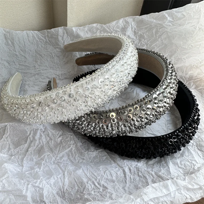 

Glitter Seuqins Beaded Sponge Thickened Headband For Women Luxury Broken Crystal Bead Hair Accessory Head Wrap Adult Hairband