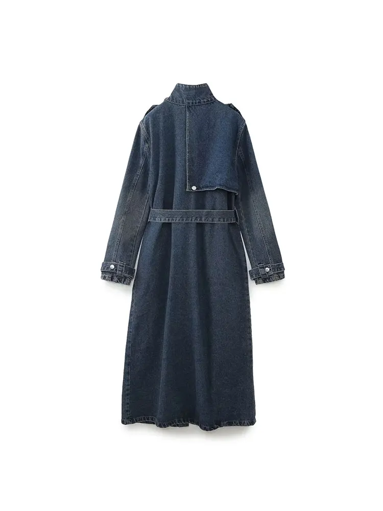 TRAF 2023 Autumn Mid-length Denim Trench For Women Belt On Waist Loose Lapel Windbreaker Female New