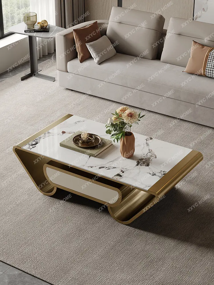 Italian Style Light Luxury Stone Plate Coffee Table Modern Simple Home Living Room Quiet Wind Tea Table Side Table Combination