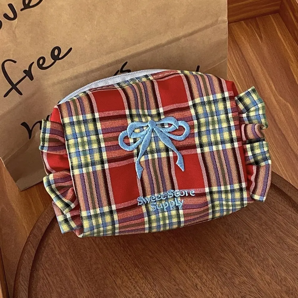 Bow Embroidered Women Cosmetic Bag Ruffle Edge Makeup Storage Bag Travel Toiletry Bag Large Capacity Zipper Checkered Coin Purse