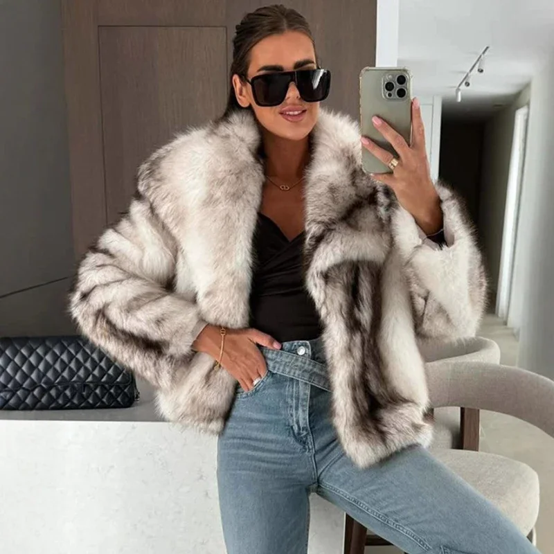 Abrigo de piel degradado a la moda para mujer, abrigo de piel sintética Maomao de manga larga con solapa, chaquetas cálidas para invierno para mujer