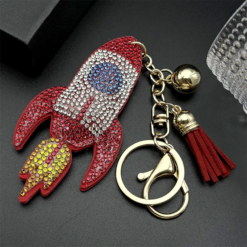 Cool Rocket Male Keyring Full Shine Crystal Rhinestone Tassel Kids Schoolbag Pendant Hanging Individual Keychain Jewelry Gifts