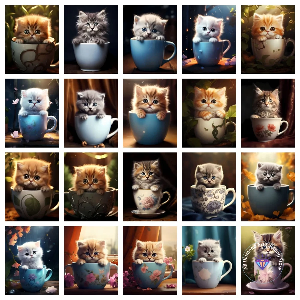 

Cute Cup Kitten AB Diamond Painting Kit Square Round Diamond 5D DIY Cross Embroidery Handmade Art Exquisite Gift Home Decor