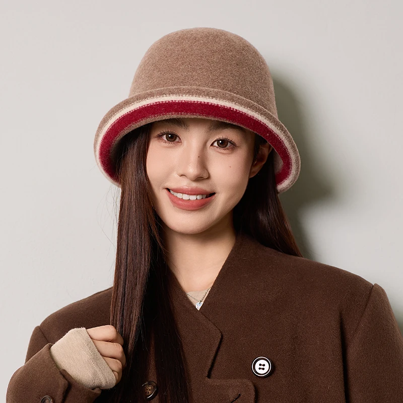 Fashion Women’s Winter Warm Wool Bucket Hat Ladies Elegant Vintage Hepburn Style Designer Colorblock Rolled Brim Panama Cap