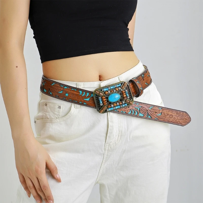 

Female Bohemian Waist Belt Blue Bead Buckle Belt Women Cowgirl Costume Accessory