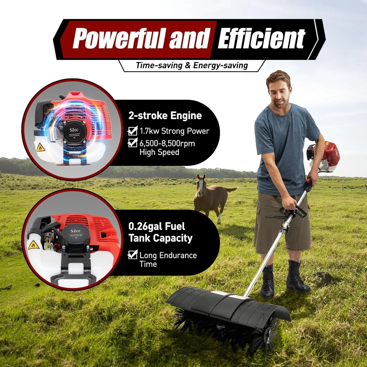 

52CC 2 Stroke Gasoline Powered Sweeper Broom, 1700W 2.3HP Outdoor Hand Held Gas Power Broom for Snow Sweeping Driveway